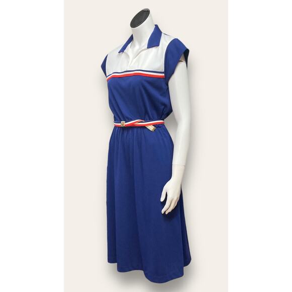 70s VTG Sunshine Alley blue, red and white Blouson Dress size 8 - Picture 2 of 8